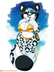 black_hair blue_eyes blue_hair blush furry furry_only golden_bikini looking_to_the_side omegasunburst sophia_the_snowleopard white_fur