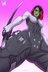 1girls 2023 alien alien_girl alien_humanoid avengers big_thighs dated dominant_female eyes facepaint female female_only from_below gamora green_skin guardians_of_the_galaxy guardians_of_the_galaxy_(game) hair hip_focus hips holding_object holding_sword holding_weapon humanoid lips looking_at_viewer looking_down looking_down_at_viewer marvel marvel_comics medium_hair melee_weapon open_eyes pinup purple_background purple_eyes red_hair science_fiction signature simple_background solo standing submissive_pov sword top-down_bottom-up two_tone_hair weapon whox