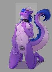 absurd_res anthro balls chastity_cage chastity_device chilldog collar dragon genitals hi_res horn male purple_body solo