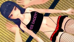 3d black_microskirt black_panties black_thong black_topwear daddy_kink female fishnet_legwear fishnet_stockings forcing from_above genshin_impact happy happy_female high_leg_thong koikatsu long_hair looking_at_viewer lying lying_down lying_on_back pov pov_eye_contact purple_hair red_belt red_eyes smiling smiling_at_viewer tagme yun_jin_(genshin_impact)