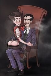 2boys ass big_ass big_butt black_hair blush blush_lines butt chair cigar domdumb12 don't_starve don't_starve_together fat_ass fat_butt fully_clothed gay huge_ass huge_butt looking_back male male_only maxwell_(don't_starve) mole mole_on_ass sitting_on_chair sitting_on_lap thick_ass thick_butt wilson_percival_higgsbury