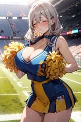 1girls ai_generated breasts cheerleader cheerleader_uniform female flyingpancake grey_hair hips huge_breasts light-skinned_female light_skin long_hair mature_female milf mother outdoors side_ponytail stable_diffusion stadium thick_thighs thighs uzaki-chan_wa_asobitai! uzaki_tsuki wide_hips