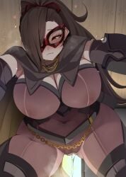 1girls alternate_costume biting blush bodysuit bow breasts brown_eyes brown_hair cameltoe cape cleavage commission covered_navel covered_nipples domino_mask doorway dripping female female_only fire_emblem fire_emblem_fates fire_emblem_heroes gloves hair_over_one_eye hair_tie highres horny indoors kagero_(fire_emblem) kagero_(thief)_(fire_emblem) large_breasts leather_strap light-skinned_female light_skin lip_biting long_hair looking_to_the_side mask masked masked_female mature_female monobe monobe_yuri nintendo open_mouth phantom_thief ponytail pov pussy_juice red_bow red_mask scarf simple_background skeb_commission skin_tight smile solo sweatdrop thick_thighs thief tight_clothing tree wet_pussy yellow_cape yellow_scarf