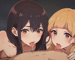 1boy 2girls ai_generated shiraki_hime sucking_male_nipple watashi_no_yuri_wa_oshigoto_desu! yano_mizuki