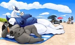 alligator alligatorid anthro beach beach_towel beach_umbrella big_breasts blizzard_entertainment blue_body blue_eyes breasts canid canine christmas crocodilian day doctordj drinking duo female female/female fernier fur generation_2_pokemon glass grey_body grey_fur hi_res holidays huge_breasts legendary_pokemon lugia mammal multi_nipple nintendo nipple_piercing nipples nude obese obese_anthro obese_female olivia_(doctordj) overweight overweight_anthro overweight_female piercing pokemon pokemon_(species) public reclining reptile sand scalie seaside smile tempest_(xsomeonex) thick_thighs towel warcraft were werecanid werecanine werewolf wet white_body worgen