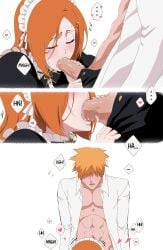 1boy 1boy1girl 1girls abs big_penis bleach blowjob closed_eyes couple deep_blowjob deepthroat fellatio female ginger ichigo_kurosaki implied_deepthroat implied_oral inoue_orihime kneeling kurosaki_ichigo long_hair maid maid_headdress maid_uniform male moaning muscular muscular_male open_clothes open_pants open_shirt oral oral_sex orange_hair penis penis_in_mouth rozuberry throat_penetration unbuttoned unbuttoned_pants