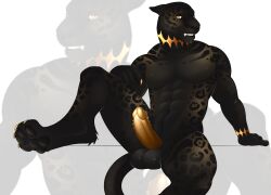 anthro balls black_body black_fur black_pawpads erection felid fur genitals hi_res jaguar looking_at_viewer male mammal melanistic mgangalion muscular muscular_anthro muscular_male nude pantherine pawpads smile solo solo_male spots spotted_body spotted_fur teeth