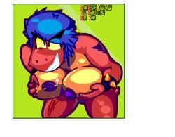 anthro big_breasts blue_hair breast_squish breasts claws dragon female grin hair holding_breast jimothy_dickerman maya_script red_body scalie simple_background smile solo squish tattoo