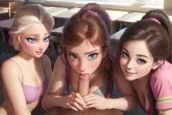 ai_generated air34x anna_(frozen) blonde_hair blowjob blue_eyes brown_hair classroom clothed_sex disney elsa_(frozen) eye_contact fellatio fffm_foursome foursome frozen_(film) happy happy_sex multiple_girls oral penis petite ponytail pov school sisters smile