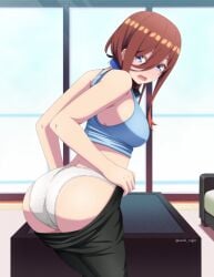 1girls absurdres artist_name asobi_night ass big_ass blue_sports_bra bra breasts embarrassed female go-toubun_no_hanayome hair_between_eyes headphones headphones_around_neck highres huge_ass inconvenient_ass large_breasts leggings long_hair mooning nakano_miku open_mouth panties red_hair sidelocks sports_bra struggling struggling_to_fit table tight_clothing underwear white_panties wide_hips workout_clothes