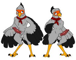 accipitriform anthro avian balls big_penis bird black_body black_claws black_feathers blue_eyes claws feathers genitals grey_balls grey_body grey_feathers knot machine male male_only model_sheet orange_facial_markings penis red_penis red_scarf scarf secretary_bird solo solo_male yellow_body