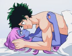 1boy 1boy1girl 1girls aku_no_onna_kanbu artist_request bed bedroom deku edit efa_guranaada female green_eyes green_hair izuku_midoriya light-skinned_male long_hair male male/female midoriya_izuku muscles muscular_arms muscular_male my_hero_academia pink_hair purple_body purple_skin white_bed