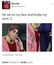 2boys :3 ass beard bubble_ass bubble_butt clothed collar duo fake_screenshot funny gay hand_on_butt latino male male/male male_only marvel mature mature_male meme mexican miguel_o'hara nakariiale no_visible_genitalia peter_b_parker robe screenshot selfie she_sat_on_my_face_and_broke_my_neck smiling spider-man spider-man:_across_the_spider-verse spider-man:_into_the_spider-verse spider-man_(series) text tight_clothing tweet watermark