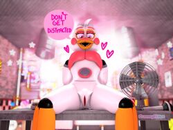 1girls 3d 3d_(artwork) anthro avian avian_humanoid bottomless female female_only five_nights_at_freddy's funtime_chica_(fnaf) furry_only no_panties open_legs pink_eyes pink_topwear pussy sitting_on_table solo solo_female vagina white_body