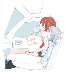 2girls between_legs blush breasts car_interior clothed_sex clothes_pull grey_hair hair_between_eyes hand_between_legs heavy_breathing himeko_(honkai:_star_rail) hinagi_(fox_priest) honkai:_star_rail honkai_(series) implied_fingering large_breasts long_hair multiple_girls nipple_tweak no_bra pants pants_pull red_hair shirt_pull sitting sitting_on_lap sitting_on_person stelle_(honkai:_star_rail) yuri