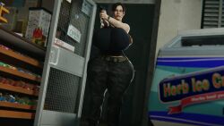 1girls 3d 3d_(artwork) big_breasts blender blender_(software) claire_redfield curvy detailed_background gun hourglass_figure hyper_breasts knyaz resident_evil solo solo_female solo_focus store tagme thick