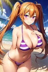 1girls ai_generated beach bent_over big_breasts bikini busty cleavage female female_only high_school_dxd large_breasts leaning_forward legs navel ocean orange_hair original purple_eyes purple_hair shidou_irina smile solo stable_diffusion thighs twintails voluptuous water