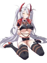 azur_lane bondage boots bound bound_arms bound_legs crotch_rope female_focus female_only frogtie guangmi high_heel_boots high_heels large_breasts midriff midriff_baring_shirt miniskirt prinz_eugen_(azur_lane) prinz_eugen_(final_lap)_(azur_lane) rope rope_between_breasts rope_bondage short_skirt skirt smile smiling thigh_boots thighhigh_boots underboob w_sitting white_hair