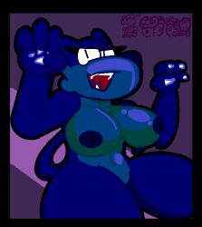 anthro big_breasts black_border blue_body border breast_tuft breasts claws felid feline female jimothy_dickerman mammal maya_script open_mouth purple_background signature simple_background snaggle_tooth solo wide_hips