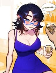 :3 blush blushypixy blushyspicy choker cleavage dialogue dress drunk english english_text female glasses implied_drug_use navel navel_visible_through_clothes pointy_ears speaking text text_bubble vampy_(blushypixy) vivian_(blushyspicy)