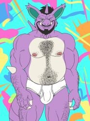 abstract_art anthro beard black_hair blue_eyes body_hair briefs briefs_only bulge clothed clothing detailed_background facial_hair generation_1_pokemon genital_outline hair hanes hi_res male male_only moustache navel nidoking nintendo nipples penis_outline pokemon pokemon_(species) purple_body purple_scales rthur scales smile solo tighty_whities topless tusks underwear underwear_only white_briefs white_clothing white_underwear