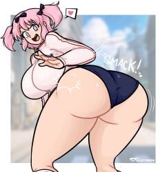 1girls 2023 artist_logo ass big_ass big_breasts blue_eyes breasts dat_ass female_focus female_only hair_ribbon hibari_(senran_kagura) huge_ass huge_breasts marvelous pink_hair senran_kagura silenttandem smacking_ass smacking_own_ass solo symbol-shaped_pupils thick_thighs twintails