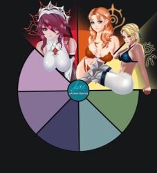 3girls abs annette_fantine_dominic aramyx ass big_ass blonde_hair blue_bra blue_eyes bra breasts cleavage color_wheel_challenge crossover female female_only fire_emblem fire_emblem:_three_houses genshin_impact green_eyes huge_breasts ingrid_brandl_galatea large_breasts leaning_forward lingerie medium_hair multiple_girls nintendo nun orange_bra orange_hair orange_panties post-timeskip red_hair rosaria_(genshin_impact) short_hair skintight thick_thighs thighhigh_boots tight_pants toned_body toned_female underwear wide_hips