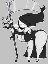 1girls ass bent_over big_ass big_breasts breasts clothed grim_reaper huge_breasts jyto little_death_(jyto) mob_face scythe sweat white_skin