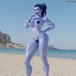 1girls 3d abs amelie_lacroix ass beach big_ass big_breasts bikini blizzard_entertainment breasts female female_only fit fit_female lollipop looking_at_viewer muscular muscular_female overwatch overwatch_2 purple_skin skimpy_bikini skimpy_swimsuit skimpy_swimwear solo swimsuit tattoo thick_thighs thong vonsvaigen wet_body wet_skin wide_hips widowmaker yellow_eyes