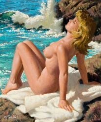 1girls areolae arthur_sarnoff beach blonde_female blonde_hair breasts butt_crack casual casual_nudity closed_eyes completely_nude completely_nude_female female female_only light-skinned_female light_skin nipples nude nude_female original outdoors painting_(artwork) pinup pinup_girl sideboob sitting solo towel vintage water