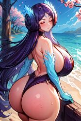 ai_generated alternate_breast_size beach brighid_(xenoblade) cherry_blossoms closed_eyes curvy day detailed_background fiery_hair forehead_mark from_behind gigantic_breasts hourglass_figure huge_ass huge_breasts looking_at_viewer narrow_waist purple_hair sand stable_diffusion summer thick_thighs tight_clothing wide_hips xenoblade_(series) xenoblade_chronicles_2