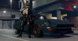 3d bodysuit car celty_sturluson cleavage durarara!! exposed_breasts female helmet helmet_with_visor huge_breasts nipples nissan nissan_240z nissan_fairlady skinsuit tagme thick_thighs voluptuous z_(artist) zipper_down