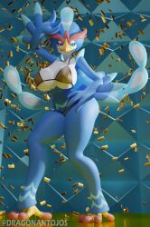 3d_(artwork) absurd_res anatid anseriform avian bikini bird blender_(software) blue_background blue_body blue_eyes breasts bunny_costume clothing confetti costume digital_media_(artwork) dragonantojos duck female generation_9_pokemon gold_(metal) gold_jewelry hi_res jewelry leggings legwear lingerie looking_at_viewer nintendo nipples pink_nipples pokemon pokemon_(species) pokemon_sv quaquaval simple_background solo swimwear