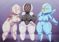 2018 big_breasts black_skin blue_skin breasts female female_only golem grey_skin hand_on_head hand_on_hip hands_behind_back mineral_fauna mineral_humanoid miso_souperstar multi_eye nintendo nipples pokemon red_eyes regice regirock registeel rock rock_creature rock_humanoid shortstack stone_body thick_thighs thighs wide_hips yellow_eyes