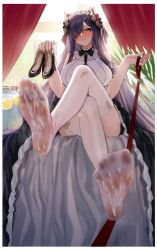 august_von_parseval_(azur_lane) azur_lane cang_se_ye_hua cum_in_shoe cum_on_feet feet femdom foot_fetish footwear_fetish heart-shaped_pupils holding_shoes leash leashed_pov stockings thigh_highs white_border