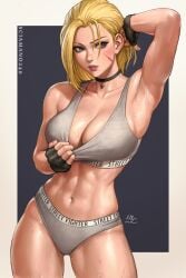 abs ahoge arm_up armpits artist_name blonde_hair blue_eyes breasts cammy_white capcom choker collarbone facial_scar female fingerless_gloves gloves highres large_breasts lips looking_to_the_side midriff panties scar scar_on_cheek scar_on_face sciamano240 signature solo sports_bra street_fighter street_fighter_6 sweat tank_top thighs underwear wet