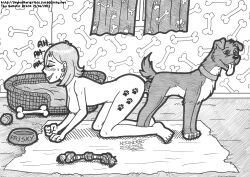 absurd_res artistnjc ass_to_ass ball bedroom bestiality_tattoo blush blush_lines bodily_fluids bone breasts canid canine canis collar domestic_dog duo female female_on_feral female_penetrated feral feral_penetrating feral_penetrating_human footprint furaffinity greyscale hi_res human human_on_feral human_penetrated inside interspecies knotting leg_tattoo male male/female male_penetrating male_penetrating_female mammal moan monochrome nude pawprint pawprint_tattoo penetration pet_bed pet_bowl sex signature smile sweat tattoo tennis_ball thigh_tattoo tongue tongue_out traditional_media_(artwork) unnamed_character zoophilia