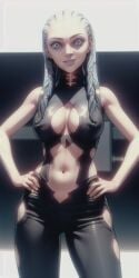 ai_generated alien_female alien_girl alien_humanoid areola blue_eyes blue_hair braided_hair breasts grey_lips gwyndala hands_on_hips humanoid looking_at_viewer midriff naked_female nipples pale_skin puffy_nipples revealing_clothes ribs skinny star_trek star_trek_prodigy tagme vau_n'akat_(species)