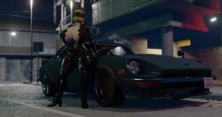 3d bodysuit car celty_sturluson cleavage durarara!! exposed_breasts female helmet helmet_with_visor huge_breasts nipples nissan nissan_240z nissan_fairlady skinsuit tagme thick_thighs voluptuous z_(artist) zipper_down