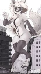 black_and_white building building_destruction buildings destruction domino_mask fox fur giant giantess macro mask masked raps skimpy_clothes skimpy_costume skimpy_outfit sling_bikini slingshot_swimsuit superheroine thick_thighs thigh_highs thighs truck