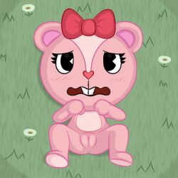 2023 anus ass blush bow_accessory chipmunk female flat_chested giggles_(htf) grass ground_squirrel happy_tree_friends looking_at_viewer mammal nervous open_mouth outside pink_body plant rodent scarr_(artist) sciurid solo spread_legs spreading