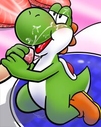 2021 absurd_res ambiguous_focus ambiguous_gender anthro bodily_fluids clothing cum cum_on_face cumshot disembodied_penis dubindore duo ejaculation erection footwear footwear_only genital_fluids genitals green_body green_yoshi handjob hi_res kneeling male male/ambiguous mario_(series) mario_party mostly_nude nintendo on_model open_mouth open_smile penile penis scalie sex shoes shoes_only smile solo_focus two-handed_handjob yoshi