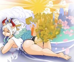 big_ass big_butt black_panties black_underwear cherry_blossoms fart fart_cloud fart_fetish female female_only japanese_clothes laying_on_stomach leg_up one_piece ponytail pouting pouty_lips sunrise thepervysage yamato_(one_piece)