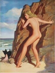 1girls art_frahm ass beach blonde_hair breasts clothes_stolen dog female female_only nude nudity original outdoors pinup pinup_girl short_hair sideboob solo vintage