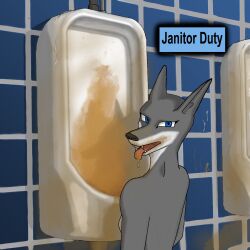 anthro artist_way2horny barely_visible_breasts bathroom bathroom_wall blue_eyes blue_wall bodily_fluids breasts canid canine canis cum cum_drip cum_on_wall dirty dripping female filth fur genital_fluids grey_body grey_fur hi_res implied_pee looking_at_viewer mammal open_mouth peeing public_restroom solo teeth tile tile_wall tongue tongue_out urinal urine urine_in_mouth urine_on_face urine_on_wall urine_stain wall_(structure) watersports way2horny wolf