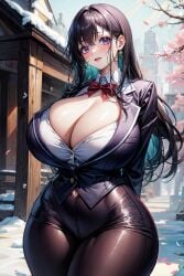 1girls ai_generated black_hair blazer cherry_blossoms city cleavage curvy day detailed_background gigantic_breasts hair_over_shoulder hourglass_figure long_hair narrow_waist original original_character outdoors purple_eyes shiny_hair snow snowflake stable_diffusion thick_thighs undercolor_(hair) wide_hips