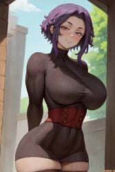 1girls ai_generated amiral_ai breasts clothed cutesexyrobutts_(style) cutesexyrobutts_ai_artstyle_imitation female kaina_tsutsumi lady_nagant large_breasts light-skinned_female light_skin long_hair looking_at_viewer my_hero_academia naughty_face purple_hair suggestive_look thighs tsutsumi_kaina