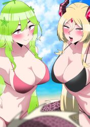 2girls aranaya_zaneri_xaphina beach bikini bikini_bottom bikini_top black_bikini black_bikini_bottom black_bikini_top blonde blonde_female blonde_hair blonde_hair_female blush blushing dragon dragon_girl dragon_horns dragon_tail green_bean indie_virtual_youtuber light-skinned_female light_skin melon melona_rumiya open_mouth pink_bikini pink_bikini_bottom pink_bikini_top pointy_ears pov pov_eye_contact teasing tongue_out virtual_youtuber vtuber vtubers