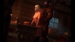 3d animated bent_over_table blender body_writing ciri dark-skinned_male dark_skin from_behind glowing_eyes interracial larger_male no_sound possession samsonsharem tagme the_witcher_(series) the_witcher_3:_wild_hunt video