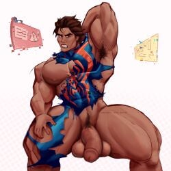 1boy 1male abs balls bara biceps big_penis flaccid flaccid_penis gay hi_res highres keanu_art male male_focus male_only male_pubic_hair marvel miguel_o'hara muscular muscular_male penis solo solo_male spider-man spider-man:_across_the_spider-verse spider-man_(series) spider-man_2099